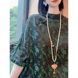 Chinese Style Buckle Imitation Silk Blouse Women's Loose Bat Sleeves Dark Green National Style Shirt-Outfit