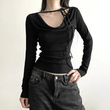 Solid Collar Neck Tie Long Sleeve Knitted Tee-Outfit