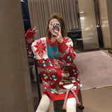 Women's Knitted Diamond Snowflake Christmas Snowman Big Pocket O-Neck Warm Thick Sweater Loose Outer Wear