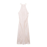 New Folded Beads Hanging Neck Long Dress