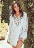 Kaftan Flower Print Neckline And Cuff Long Sleeve