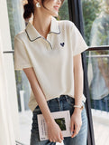 Toloer With Short-Sleeved T-Shirt Women 2025 Summer New Love Embroidery Collar Casual Slim Polo