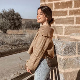 Ardm Za Casual Oversize Brown Woman Sweaters V Neck Knitted Loose Sweater Vintage Lantern Sleeve Female Pullover Women Crop