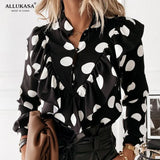 Print Ruffle Blouse Shirt Autumn Winter Long Sleeve Elegant Office Lady V-Neck Button Tops Blusa Women Shirts Casual