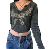 Women Gothic T-shirts Crop Tops Fall Winter y2k Clothes 2024 Fashion Classic Slim Long Sleeve Print Streetwear Tops-Outfit