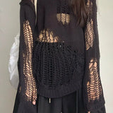 Hollow Out Thin Knit Long Sweater Pullover Women Jumper Korean Style Long Sleeve Sexy Hole Irregular Hem Loose Tops