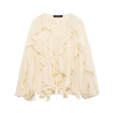Women's V-Neck Folding Trim Shirt Long-Sleeved Top Loose
