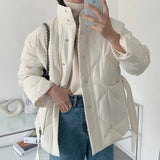 Autumn Winter Argyle Pattern Women Stand Collar Oversized Down Jacket 2021 Fashion Single-breasted Solid Parka Lace-up Chic