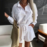 Toloer 2024 Women's New Casual Solid Color Shirt Rope Lace Shorts Fashion Suit
