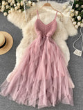 New Women's Suspender Dress Irregular Gauze Fluffy Skirt High Waist Slim Temperament V-neck Suspender Skirt Beach