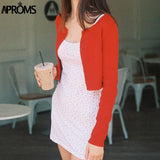 Aproms Candy Color Ribbed Knitted Cardigan Women Autumn Winter Long Sleeve Basic Cropped Sweaters Female Casual Short Jumper