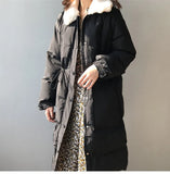 Faux rabbit fur collar women's winter down jacket long drawstring slim zipper ladies chic coat loose oversize outwear