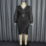 Women's Fashion V-Neck Bubble Sleeve Perspective Dress High Waist Nails