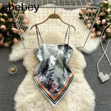 Treny Print Top Women's Sexy Backless Strap Camis Scarf Tie Crop Top Beach Holidays Sexy All-matching Summer