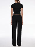 Short Sleeve Cropped Top Straight Leg Pants Set-Outfit