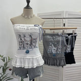 Kitten Print Bow Sweetheart Hottie With Chest Pads With Chest Bra Vest Wooden Ear Top