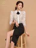 Han Queen Elegant 2024 Summer 2 Pieces Set Women Bow Lace Tops + High Waist Slit Pencil Skirts Casual Simple Office Skirt Suit-Outfit