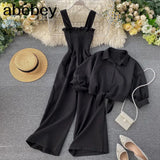 Two Pieces Set Women Loose Short Sunscreen Jacket + Suspending Rompers Clothing Female Casual Holidays