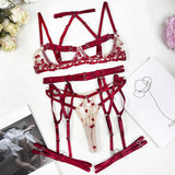 Red Belted Strappy Mesh Lingerie Set-Outfit