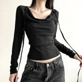 Solid Collar Neck Tie Long Sleeve Knitted Tee-Outfit
