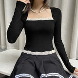 Desire Atmosphere Impact Color Lace Splicing Square Collar Slim Fake Two Jackets T-Shirt 2023 New Style-Outfit