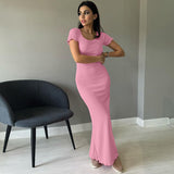 Toloer Summer New Women's Solid Color Temperament U Collar Short Sleeve Slim Long Dress