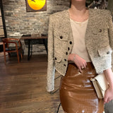 Female Fashion Tweed V Neck Warm Coat All Match Elegant Vintage Long Sleeve Jacket Basic Short Office Lady Outerwear Chic