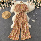 Beach Rompers Female Short Sleeve V Neck Elastic Ruched Loose Casual Bohemian Print Jumpsuits Summer