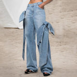 Toloer 2024 New Wash Do Old Splicing Bow Wide Leg Pants Design Sense High Waist Show Skinny Jeans Woman-Outfit