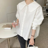 Toloer Chic Early Spring French Age Doll Collar Back Splicing Pleated Design Loose Versatile Long Sleeved Shirt Woman-Outfit