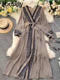 Fashion Women Chiffon Dress Ladies Printed Lace-up Waistband Long Sleeved Sashes Waist Slim Style Swing Long A-line