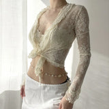 Toloer Lace Gentle Wind Wood Ear Cardigan Lace T-Shirt Female V-Neck Perspective Feeling Kink Crop Top-Outfit