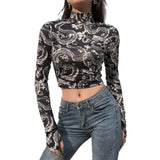 Toloer Style Winter Women's Hot Chinese Print Short Long-Sleeved T-Shirt Women-Outfit