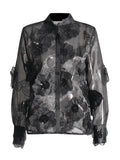 Toloer Retro Versatile Top Fall 2024 New Three-Dimensional Flower Embroidery Design Loose Mesh Perspective Shirt-Outfit