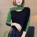 Colors Patchwork T-shirt Female Clothing Korean Asymmetrical 2023 Autumn Winter Fashion Sexy Cut Out Slim Pullovers-Outfit