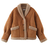 2022 Women Winter Faux Shearling Sheepskin Fake Leather Jackets Lady Thick Warm Suede Lambs Short Motorcycle Brown