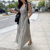 Toloer Chic Summer Niche Temperament Square Collar Dew Collarbone Color Stripe Waist Show Thin Halter Dress Dress-Outfit