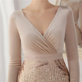 Winter Elegant Velvet With Sequins Deep V Neck Long Sleeve Slit Cocktail Eevening