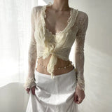 Toloer Lace Gentle Wind Wood Ear Cardigan Lace T-Shirt Female V-Neck Perspective Feeling Kink Crop Top-Outfit
