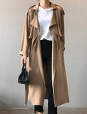 Autumn 2021 Women Solid Color Long Trench Coat Turn Down Collar Long Sleeve Khaki Coat Female Elegant Office Trench