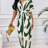 Piece Women Print V Neck Half Sleeve Loose Wide Leg Long Pants Overalls Casual Splice Romper Tight High Waist Jumpsuits-Outfit