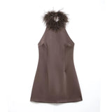 Homemade New Women's Clothing Fashion Feather Hanging Neck Dress
