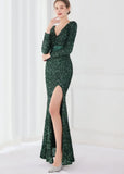 Winter Elegant Deep V Neck Long Sleeve Slit Cocktail Eevening