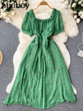 Sweet Floral Dress Women Green Square Collar Short Sleeve A-line Dresses Summer Bohemian Print Beach