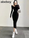 Sleeve Black Knit Dress Autumn winter Tight Cutout Sexy Slit Midi Dress 2000s Long Maxi Womens Dresses New Arrival