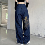 Jeans Women Hip Hop Retro Skull Embroidered Washed Loose Jeans 2023 New Straight Casual Wide-Leg Pants Couple Fashion