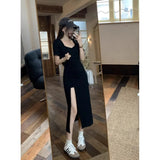 Desire V To Receive Waist Thin Open Forked Bag Hip Dress Summer Fashion Women's Hot Girl Black Long