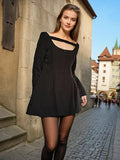 Season New Simple Retro Square Necker Skinny Short Dress Women High Waist Black Bare Back
