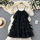 Women Retro Ruffles Pink/Green Strap Dress Mesh Spliced Wood ears Hem Cake Mini Party Dresses Robe Vestido
