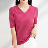 Toloer The Summer Of 2024, Women's Knit Short Sleeve Korean V-Neck Solid Color T-Shirt And A Pit Top-Outfit